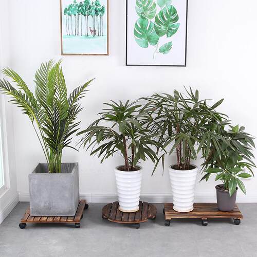 防腐木移动滚花盆托盘圆形带轮实花木可制底座万向轮长方形201905
