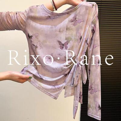 法国Rixo Rane不规则扎染网纱绑带长袖T恤女早秋辣妹收腰打底衫