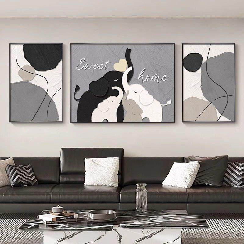 大象现代简约客厅装饰画 画高级感沙发背景墙挂画 画抽象黑白三联