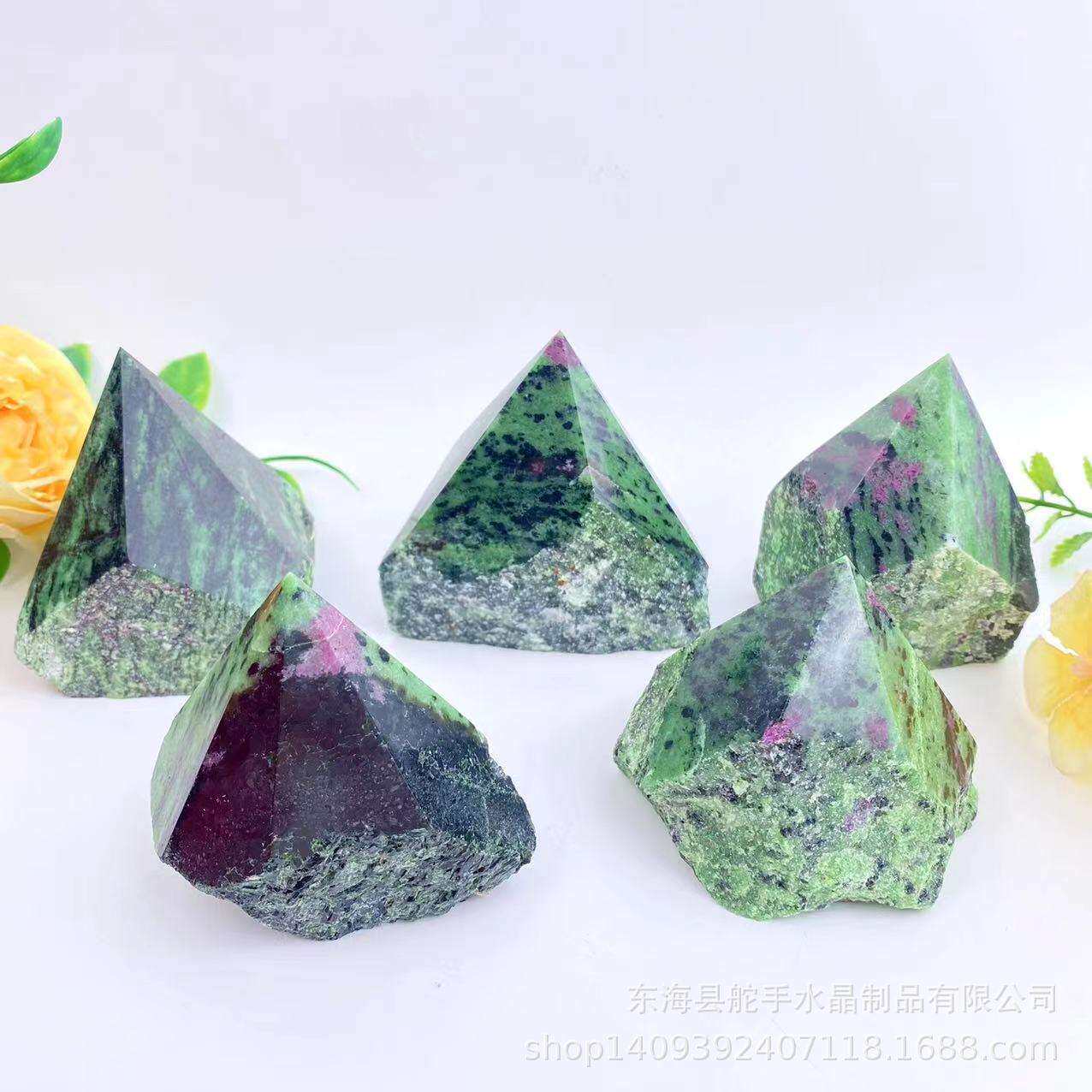 天然晶体红绿宝切面六棱柱原石切割打磨金字塔家居办公消磁装饰