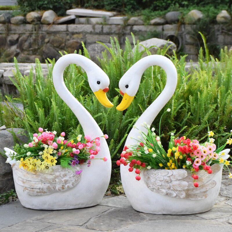 户外仿真动物白天鹅花盆缸花园摆件玻璃钢雕塑园林景观庭院装饰品
