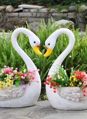 户外仿真动物白天鹅花盆缸花园摆件玻璃钢雕塑园林景观庭院装饰品