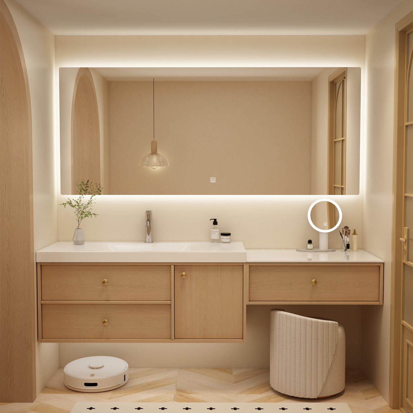 浴室柜梳妆台面一体柜组合卫生间洗漱化妆洗手池岩板热弯盆中古风