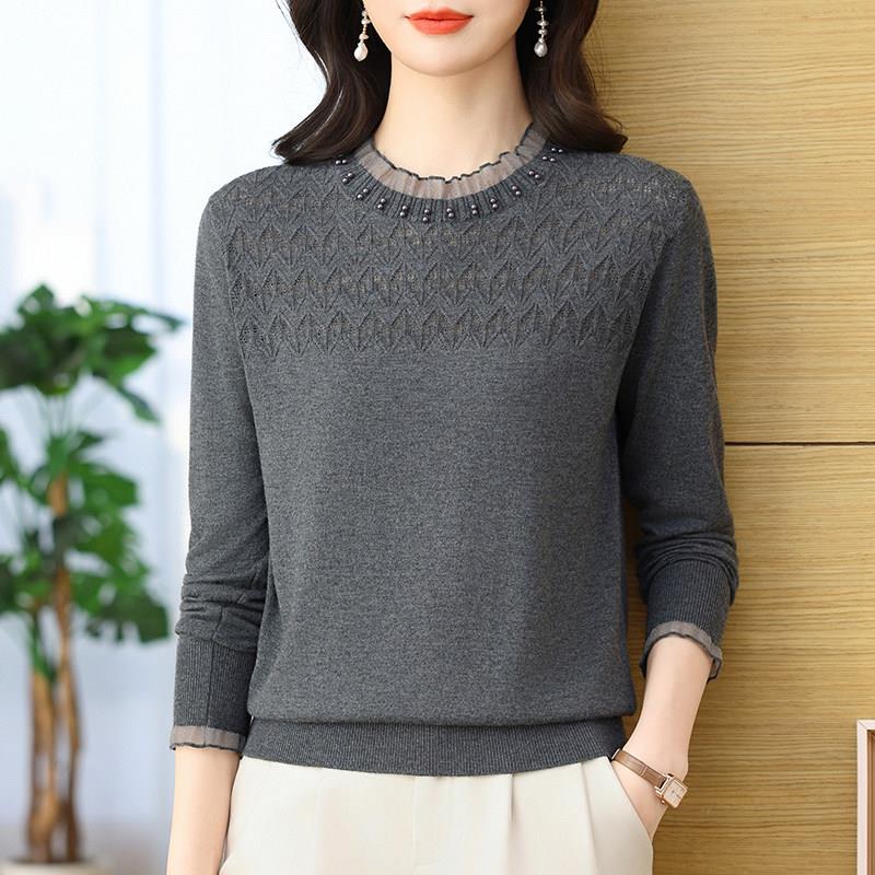 中年妈妈羊毛钉圆套头毛衣女长袖针织衫春秋蕾丝领花边镂空打底衫
