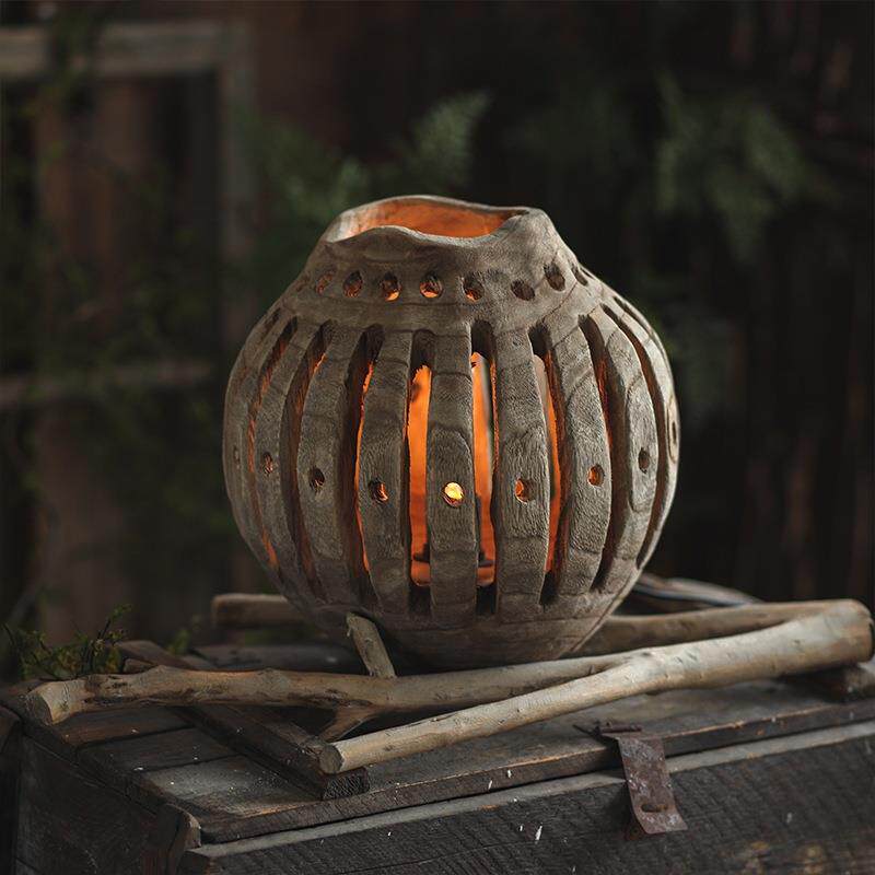 实木镂空台灯带底座诧寂风民宿灯具装饰用品复古做旧室内造景摆件