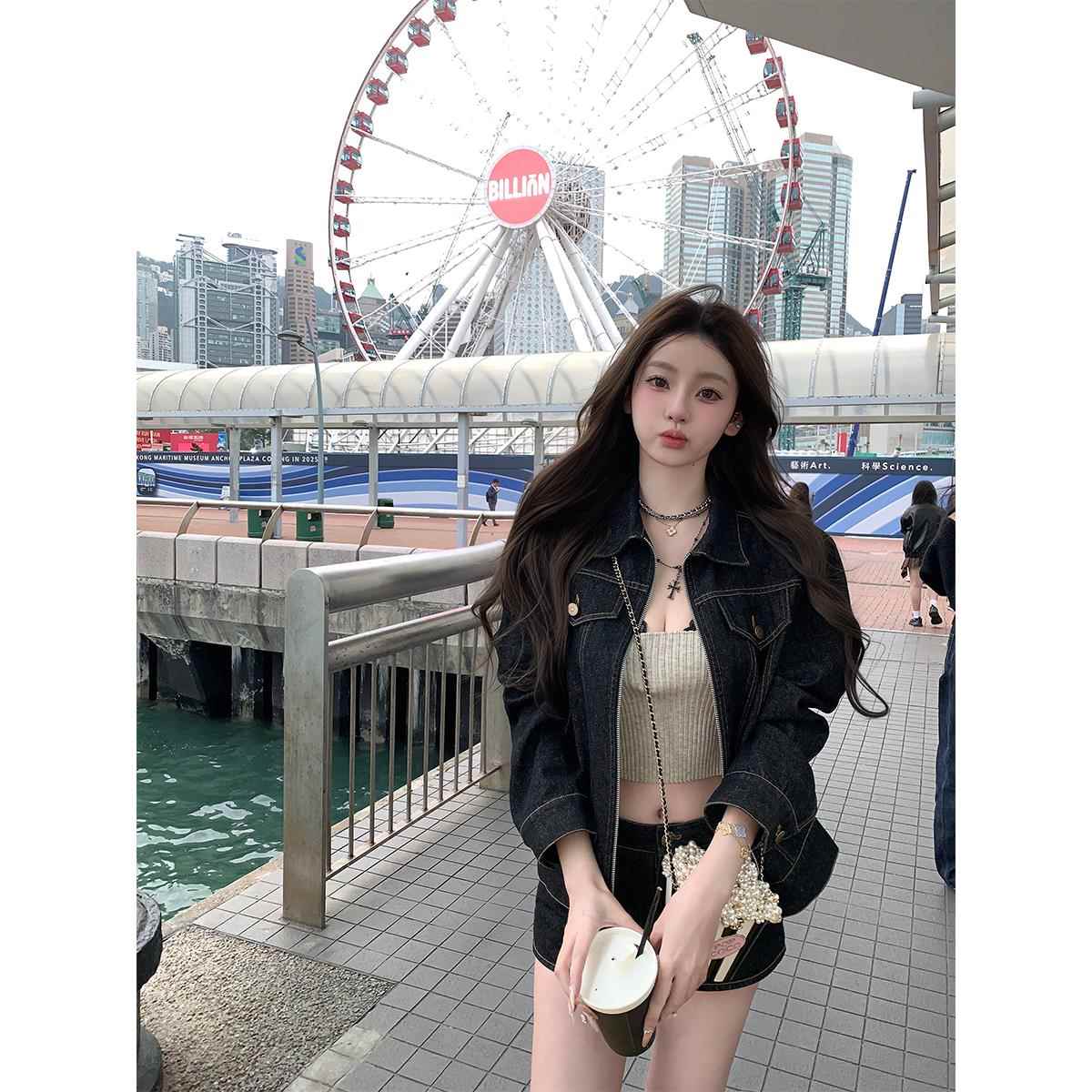 你的懒懒llan【伦敦往事】慵懒松弛感复古牛仔外套+短裤套装女新