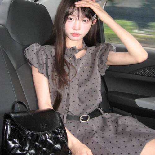灰色韩系波点洋装女2025新款夏季轻奢高级感小个子设计感百褶裙