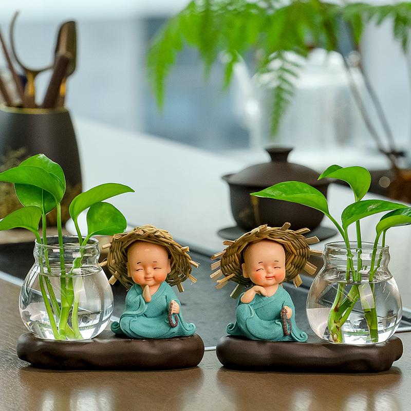 绿萝水培花瓶草帽小和尚办公桌家居摆件桌面水养插花瓶陶瓷小花瓶