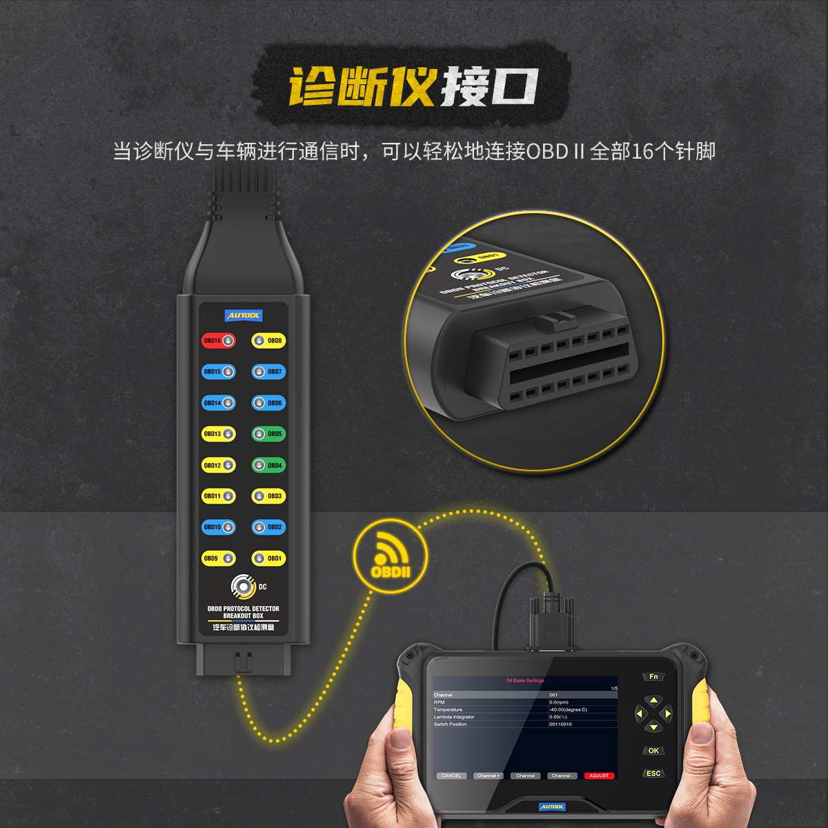 AUTOOL汽车诊断协议检测仪obd诊断信号检测车载电源系统跳线盒