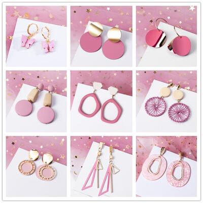 Pink Color Flower Drop Earrings for Women Summer Geometry