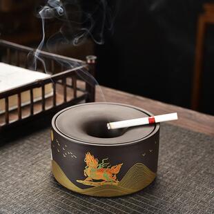 复古多功能家用办公室陶瓷烟缸 紫砂漏斗烟灰缸防灰飞带盖创意个性