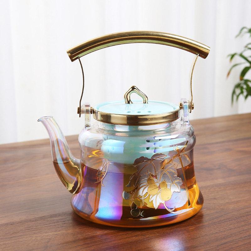 轻奢贝彩玻璃养生花茶壶单壶黑晶炉加热底座会所下午茶点心茶托盘