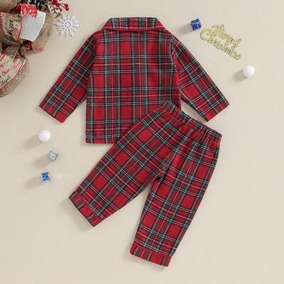 Toddler Kids Boys Girls Christmas Pajama Sets Red Plaid Long