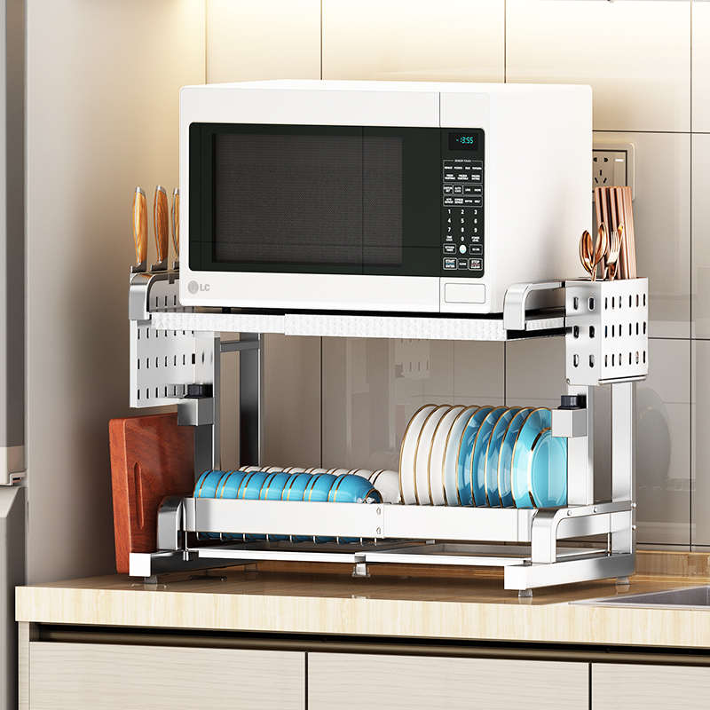 不锈钢厨房微波炉置物架烤箱可伸缩双层支台面多功能桌面收纳架子