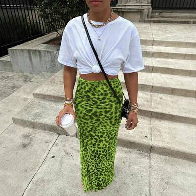 Women ' s Leopard Print Sexy High - Waisted Midi Skirt , Y2K