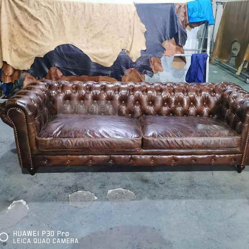 昂克雷工厂欧美复古酒店家具拉扣三人位沙发头层牛皮酒店大堂沙发