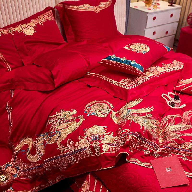 结婚百子图庆四件Dfhm套全纯棉大红喜被床上用婚陪婚嫁妆品六龙凤