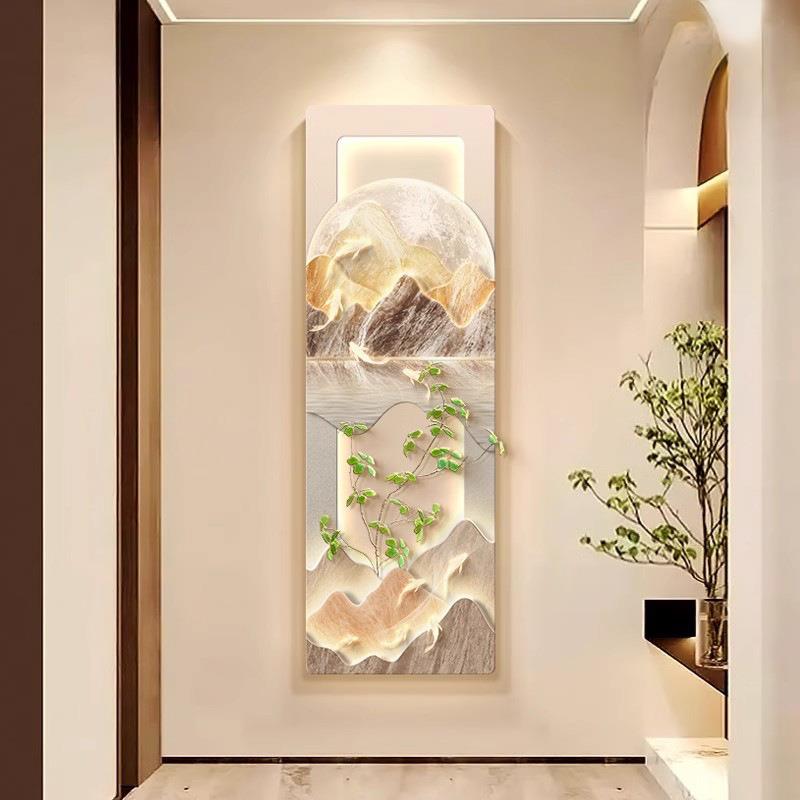 山水九鱼图玄关装饰画壁灯现代轻奢入户门正对墙挂画艺术小众壁画