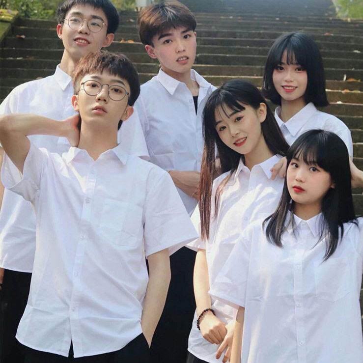 基础款日系jk制服白衬衫女中学生学院风衬衣团体服装短袖衬衫女