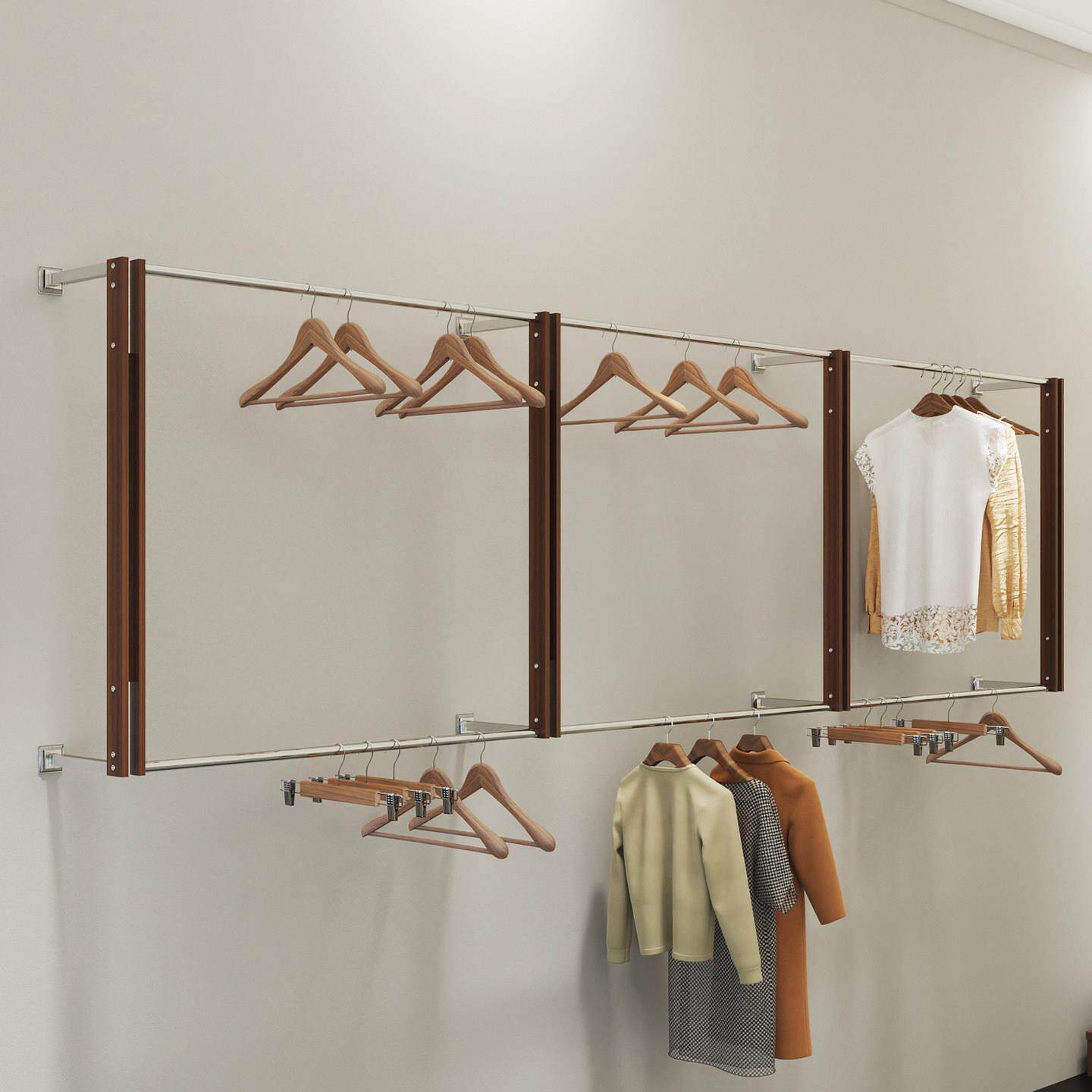 服装店挂衣架上墙展示架不锈钢墙上衣服陈列双层女装店壁挂式货架