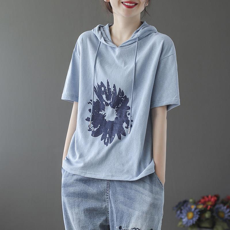 棉麻连帽印花卫衣潮T女夏季雏菊短袖t恤宽松显瘦时尚亚麻小衫上衣