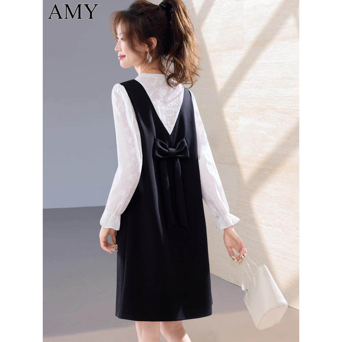 秋装减龄假两件背带连衣裙2025新款小个子时尚撞色拼接宽松裙子女