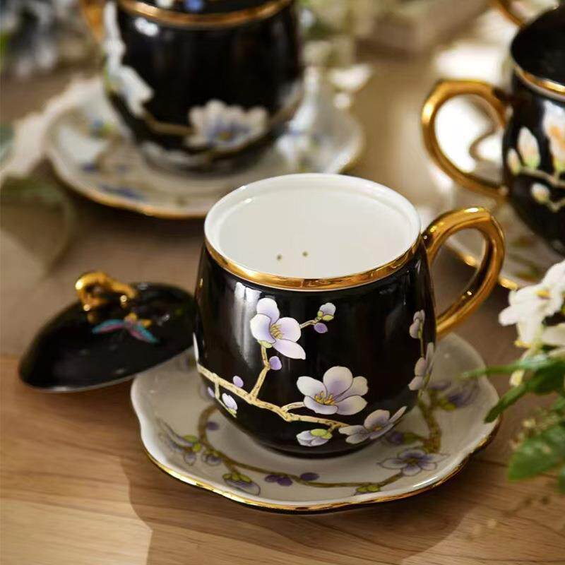 厂家手绘新中式办公陶瓷茶水杯家用商务带盖杯子骨瓷茶漏盖杯