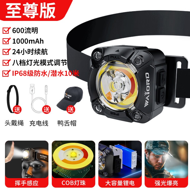 威沃德帽夹灯防水登山长续航户外钓鱼专用夜钓感应强光头灯