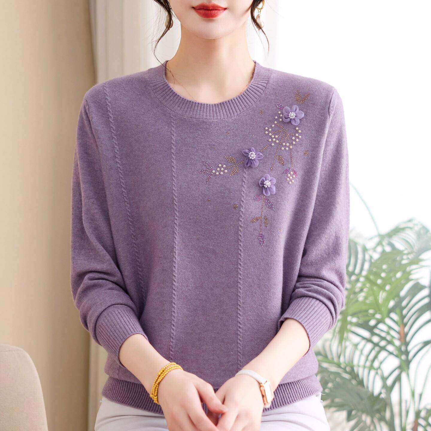 洋气妈妈春装长袖针织打底小衫花朵刺绣圆领中老年女春秋上衣套装