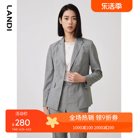 landi格纹羊毛收腰长袖，西服外套女春季西装上衣