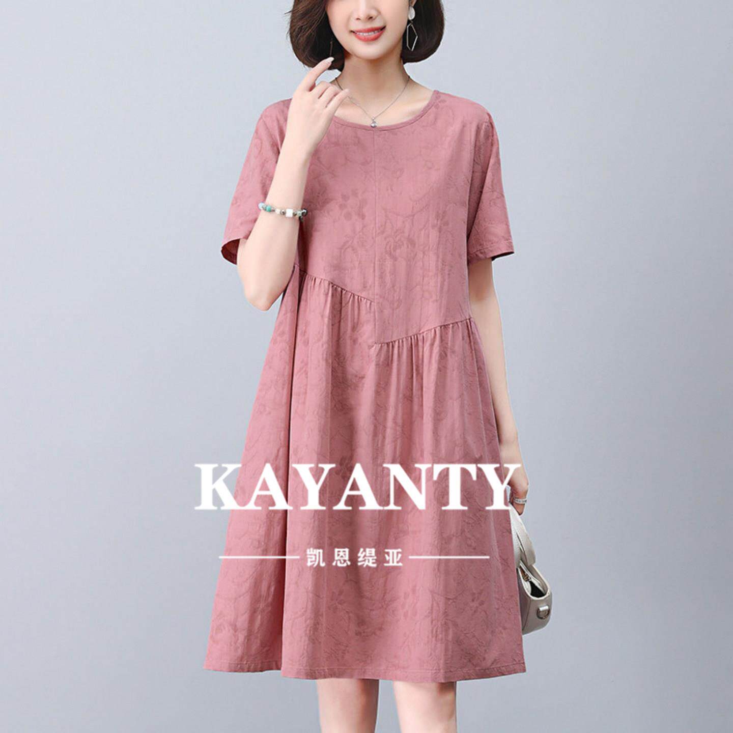 KAYANTY妈妈纯棉连衣裙夏季中年休闲遮肚显瘦大码女装小个子a字裙