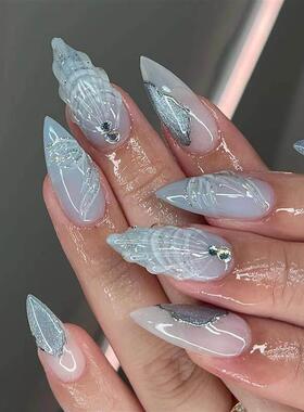 24pcs Blue Sea Shells Fake Nail Patch 3D Ocean Series Design