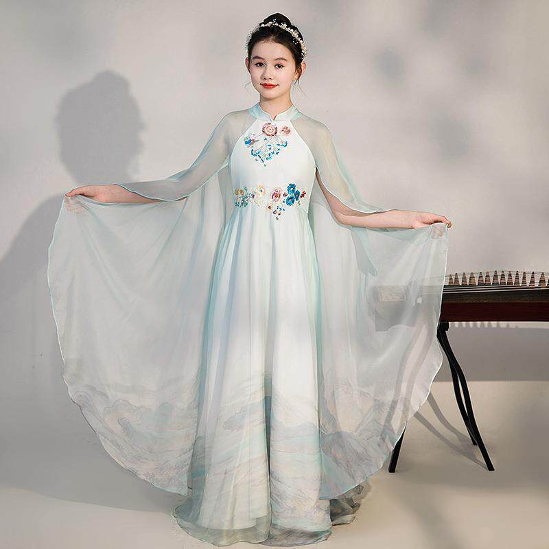 女童古筝演出服秋季新款儿童雪纺清新飘逸汉服民乐演奏古筝服定制