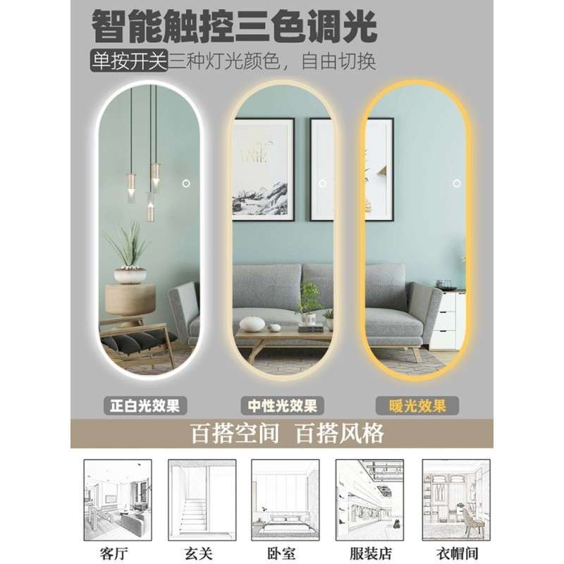 椭圆发智能全身穿衣led带镜灯试衣形异形发光客厅两头圆穿镜子装