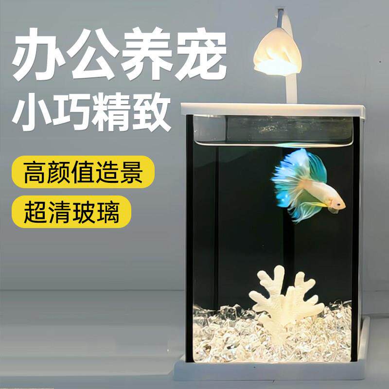 工位斗鱼缸新款客厅小型观赏鱼缸带夜灯办公室桌面生态养鱼造景缸