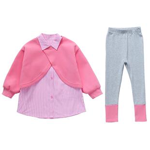 女童条纹假两件套装春秋款儿童韩版时尚小女孩洋气套装中小童春装