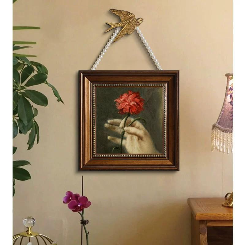 法式中古风油画方形美式复古装饰画卧室床头珍珠餐厅玄关燕子壁画图片