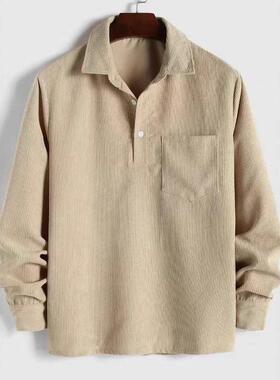 Men's Plain Pocket Half Button Corduroy Shirt Casual Comfy