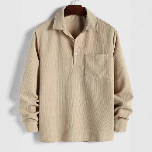Men's Plain Pocket Half Button Corduroy Shirt Casual Comfy