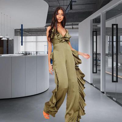 Women's deep satin backless jumpsuit, summer ruffle edge