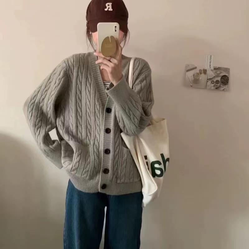 麻花毛衣外套女外穿春秋新款宽松百搭纯色针织开衫洋气长袖上衣