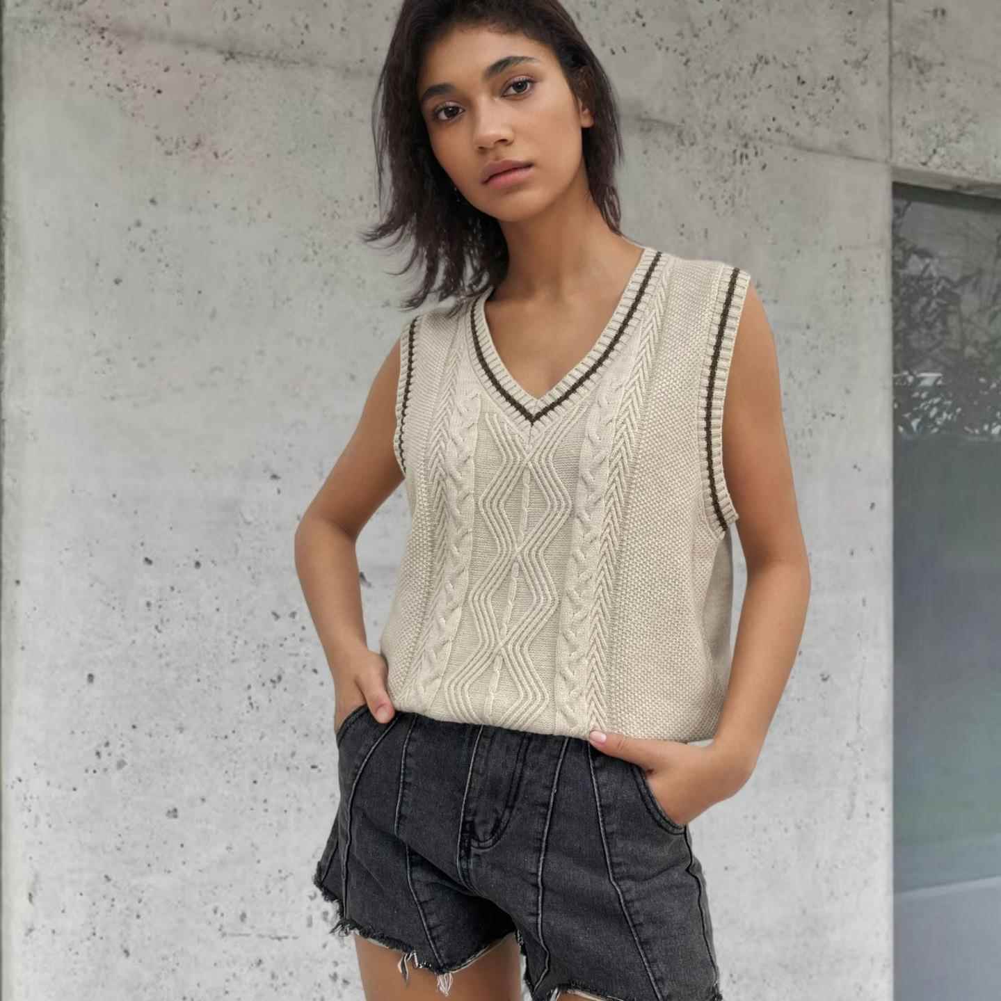 women for vest knitted sleeveless color contrast vest