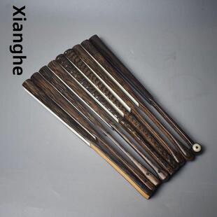 95寸老料手工全棕大水滴和尚挑灯方头文玩折扇棕竹金丝竹宣纸苏工