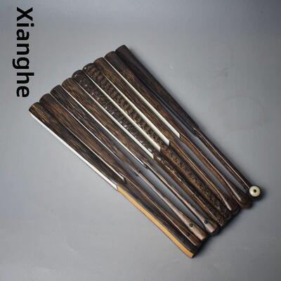 95寸老料手工全棕大水滴和尚挑灯方头文玩折扇棕竹金丝竹宣纸苏工