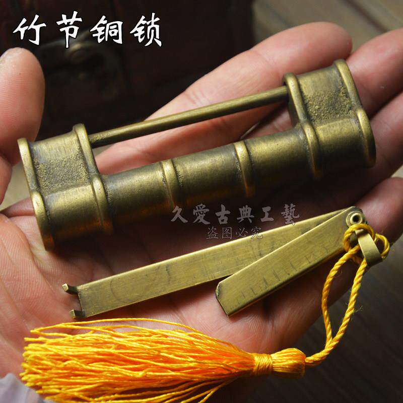 中式彷古横开 挂锁箱锁纯铜竹节铸铜锁柜门锁老式小铜锁覆古插销