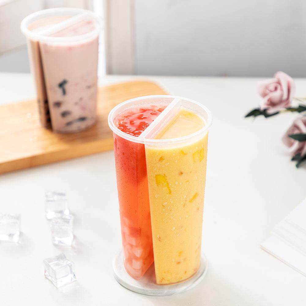 跨境分享杯双拼奶茶杯一次性果汁饮料塑料杯带盖95口径双享杯