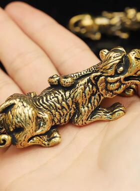 黄铜实心皮绣天禄柄件，以咬钱吸引财富，皮革休闲桌面装饰品，供