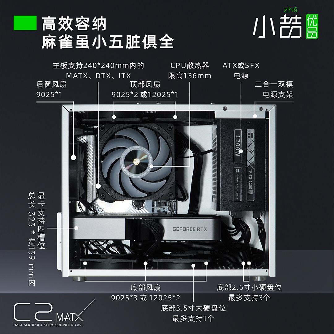 小喆优品C2全铝MATX白色机箱侧透直插显卡ATX电源i迷你电脑小主机