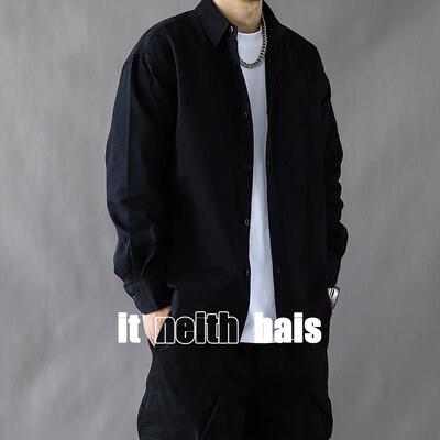 it neith BIAS潮牌美式水洗棉工装衬衫男休闲黑色高级感长袖上衣