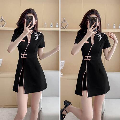 新中式技师工作服性感旗袍套装短袖洋装+短裤两件套足浴店工衣
